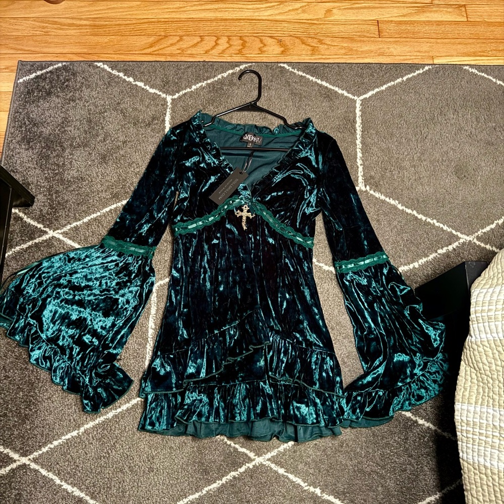 Dolls Kill Velvet Bell Sleeve Dress with Cross Detail